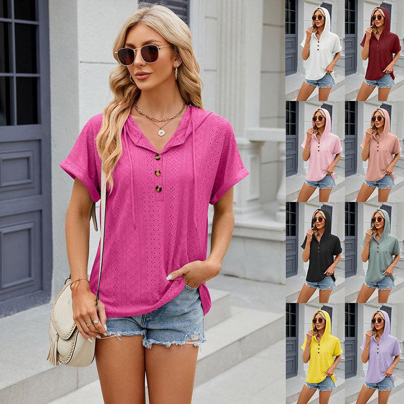 New Solid Color Hooded Button T-shirt - AmiraMart