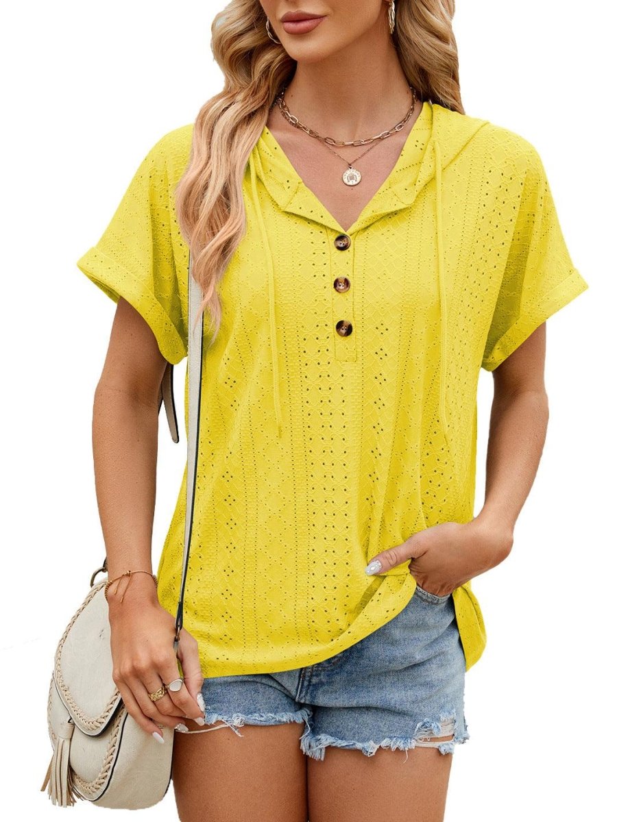 New Solid Color Hooded Button T-shirt - AmiraMart