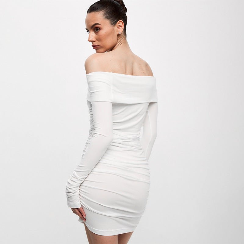 Off - shoulder Dress Sexy Pleated Fashion - AmiraMart