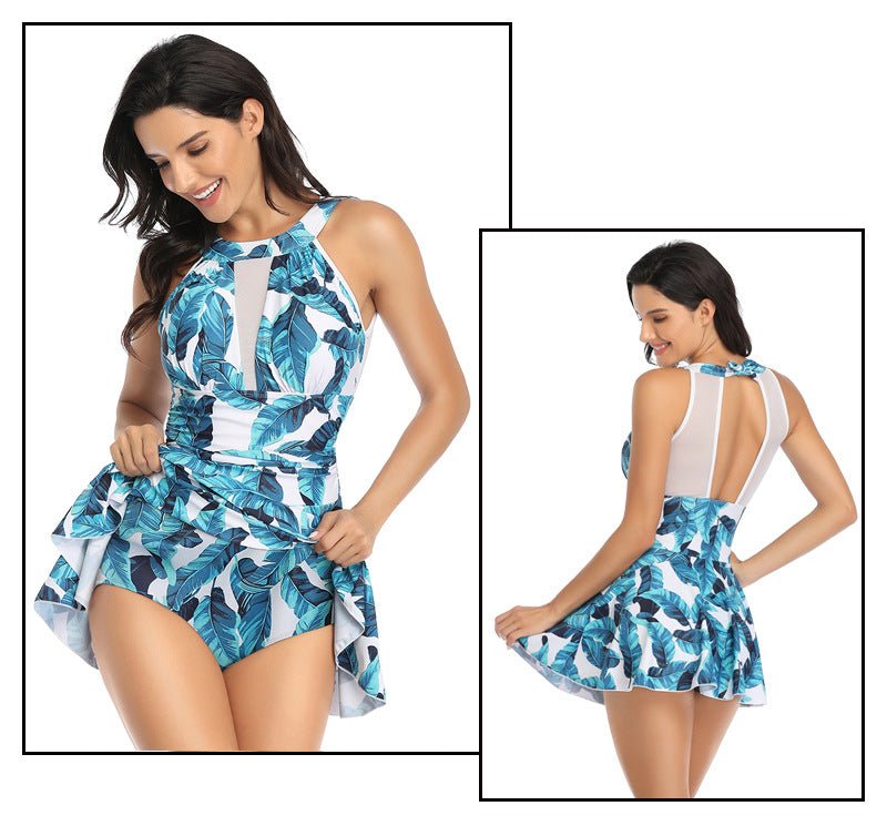 One - Piece Swimsuit Large Size Mesh Skirt Multicolor Printed Swimsuit - AmiraMart