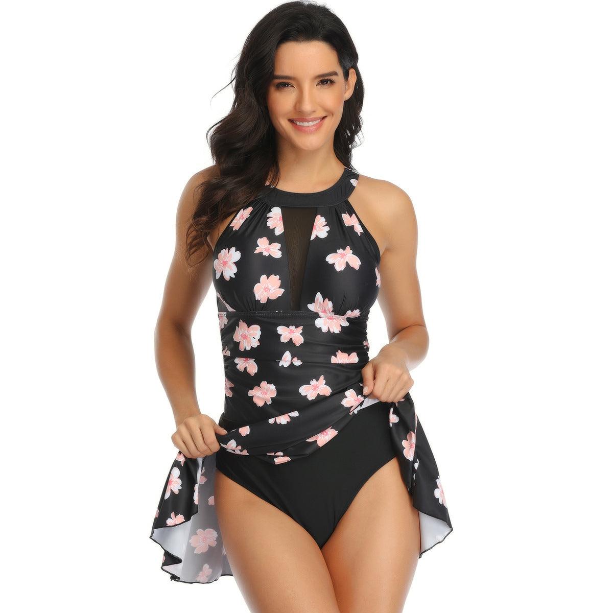 One - Piece Swimsuit Large Size Mesh Skirt Multicolor Printed Swimsuit - AmiraMart