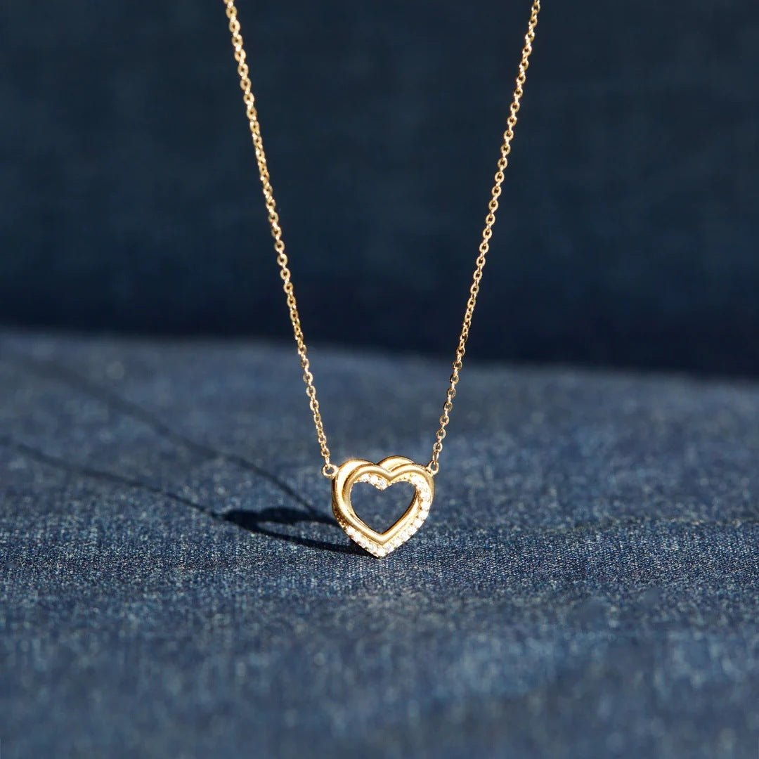 Overlapping Double Hollow Heart Necklace - AmiraMart