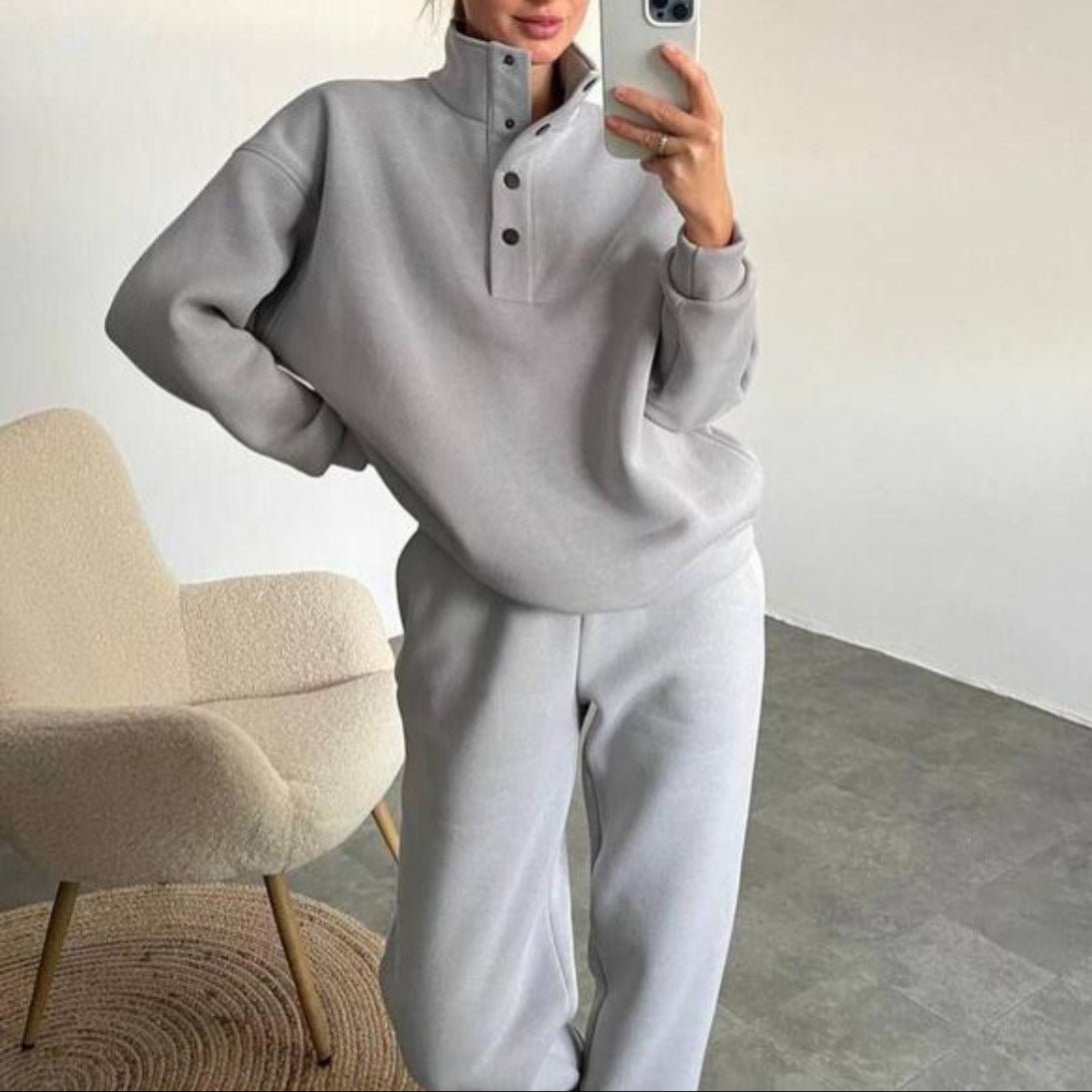 Oversized Solid Casual Pullovers Long Pant Set - AmiraMart