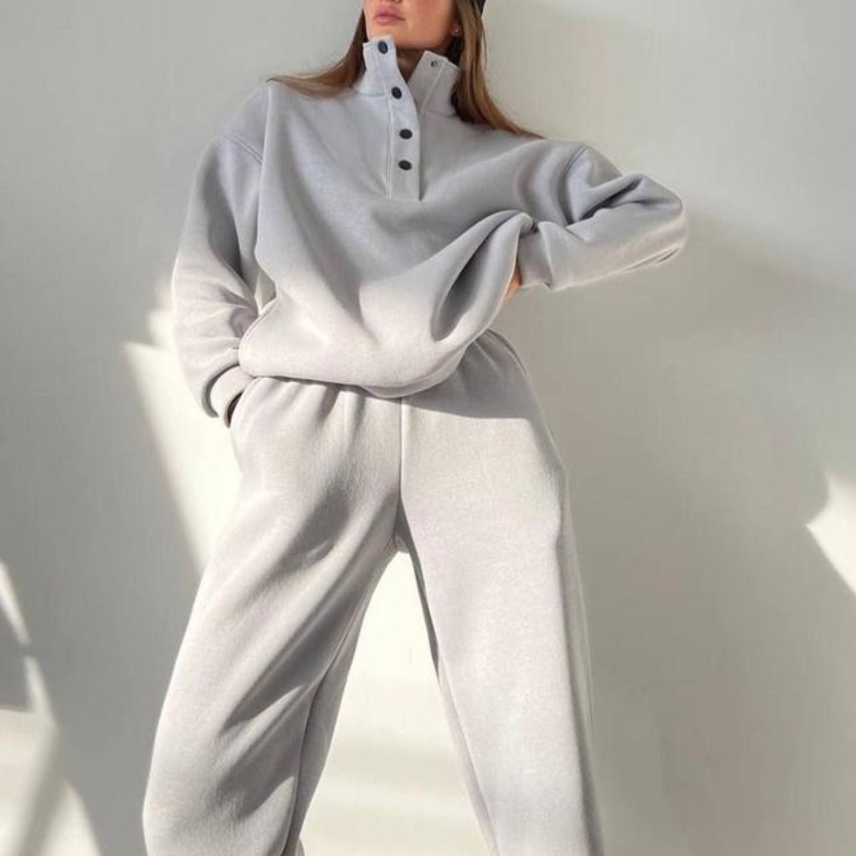 Oversized Solid Casual Pullovers Long Pant Set - AmiraMart