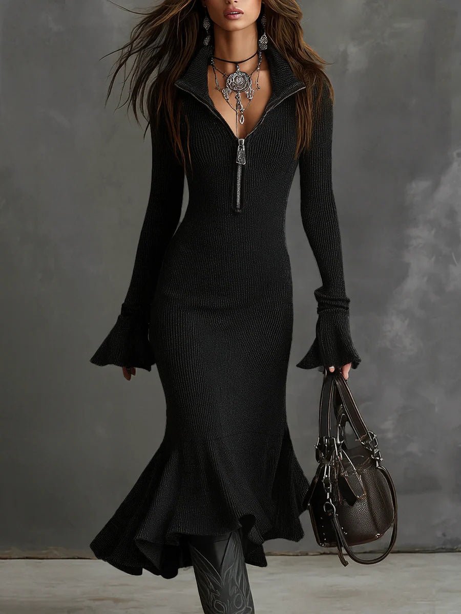 Pleated - collar Flared - sleeve Knitted Mermaid Skirt - AmiraMart