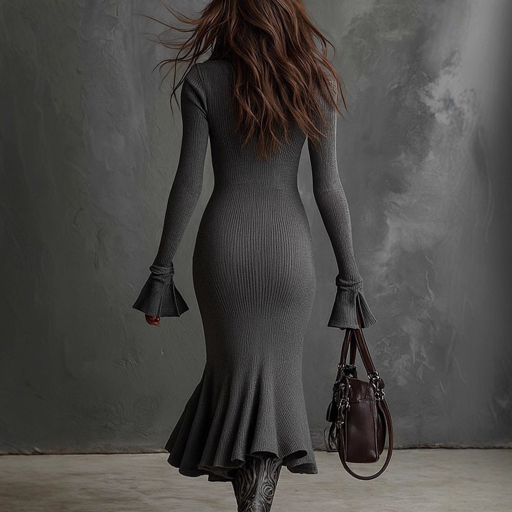 Pleated - collar Flared - sleeve Knitted Mermaid Skirt - AmiraMart