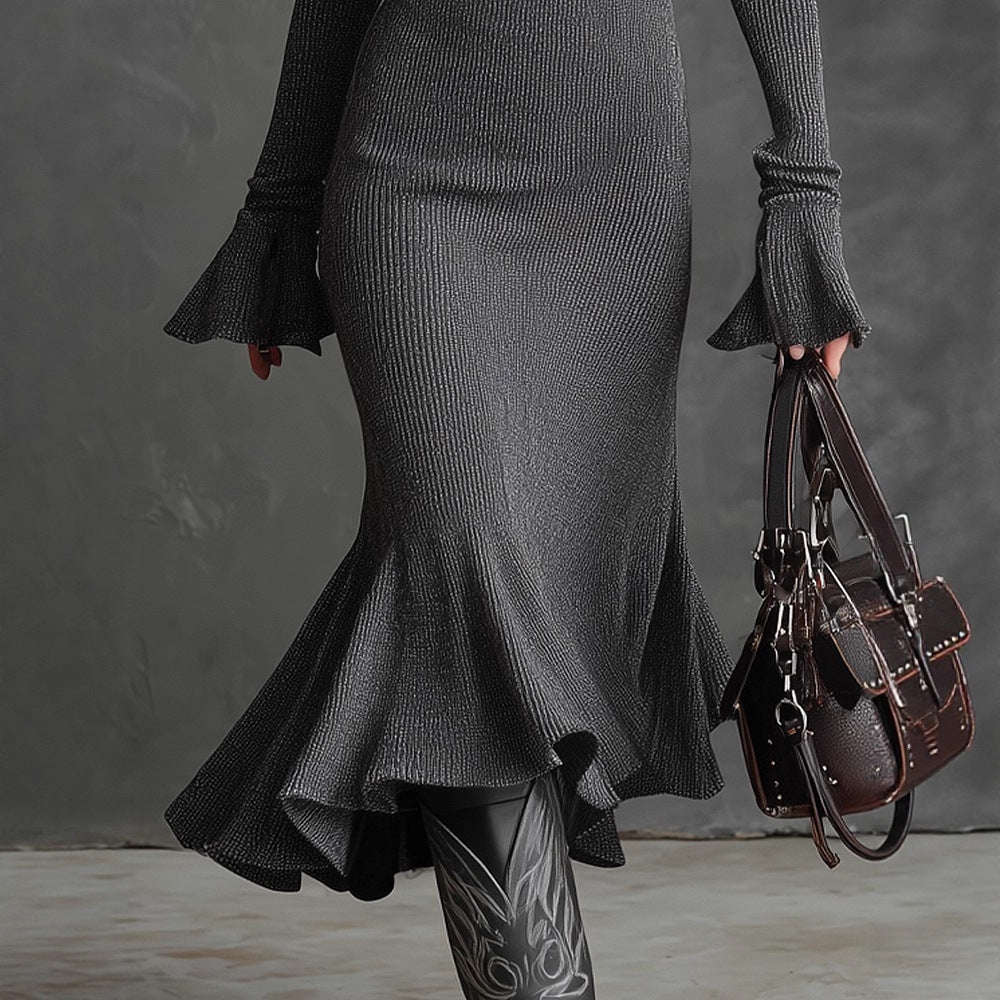 Pleated - collar Flared - sleeve Knitted Mermaid Skirt - AmiraMart