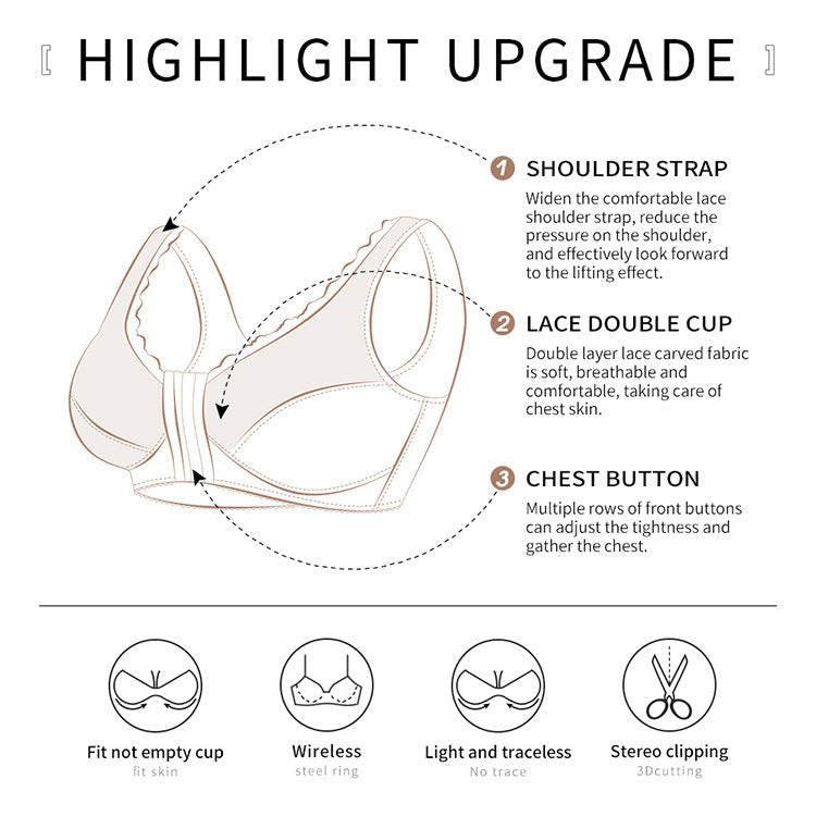 Plus Size Lace Bra – Front Button & No Steel Ring - AmiraMart