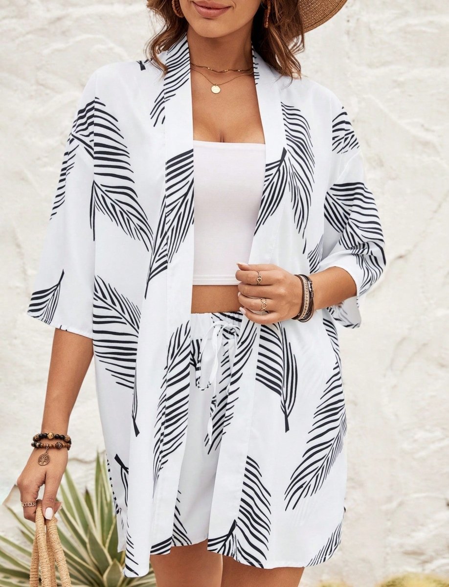Printed Casual Vacation Style Cardigan Shorts Suit - AmiraMart