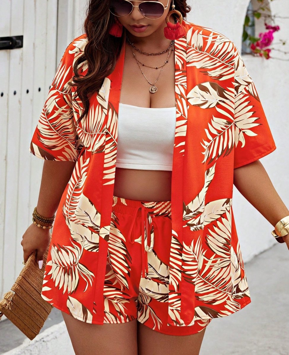 Printed Casual Vacation Style Cardigan Shorts Suit - AmiraMart