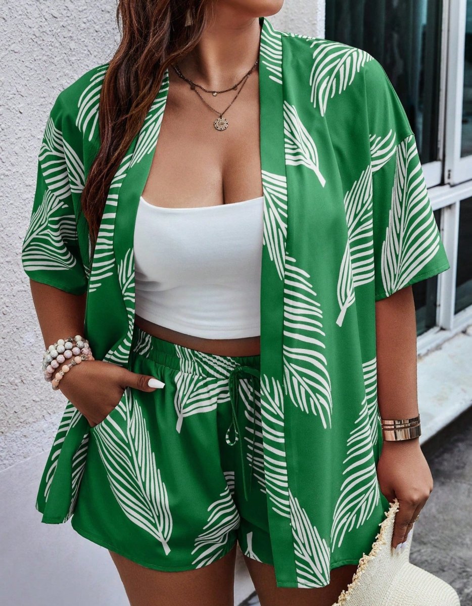 Printed Casual Vacation Style Cardigan Shorts Suit - AmiraMart