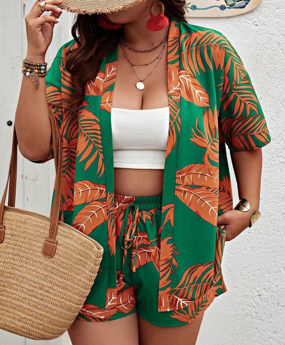 Printed Casual Vacation Style Cardigan Shorts Suit - AmiraMart