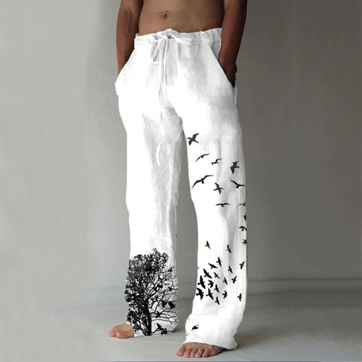Printed Flying Bird Drawstring Leisure Men's Pants - AmiraMart