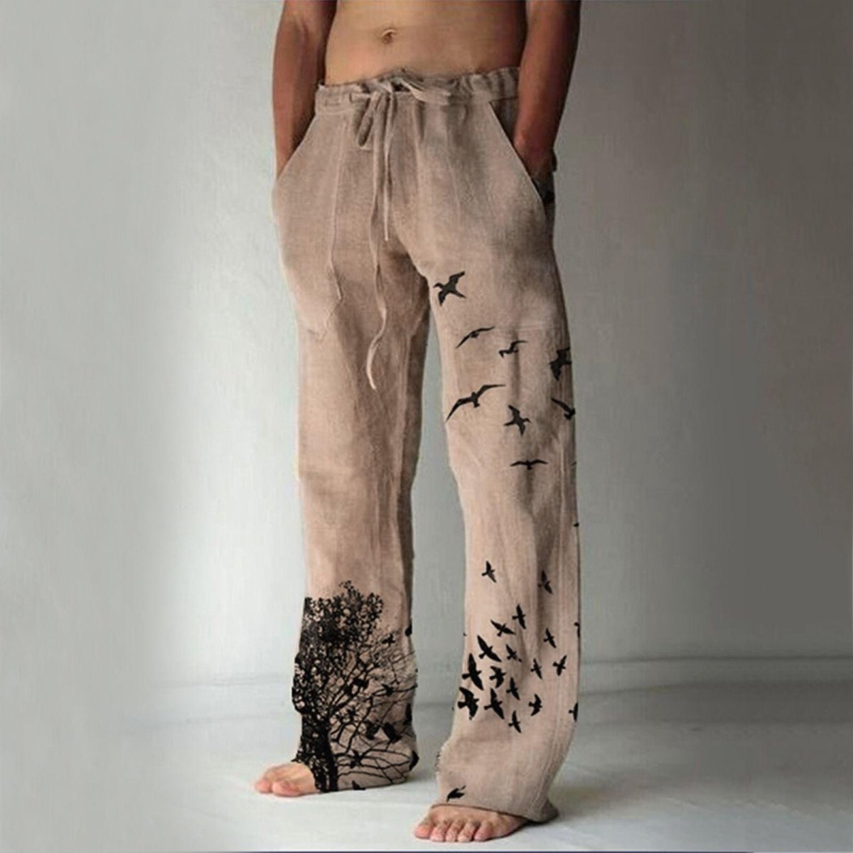 Printed Flying Bird Drawstring Leisure Men's Pants - AmiraMart