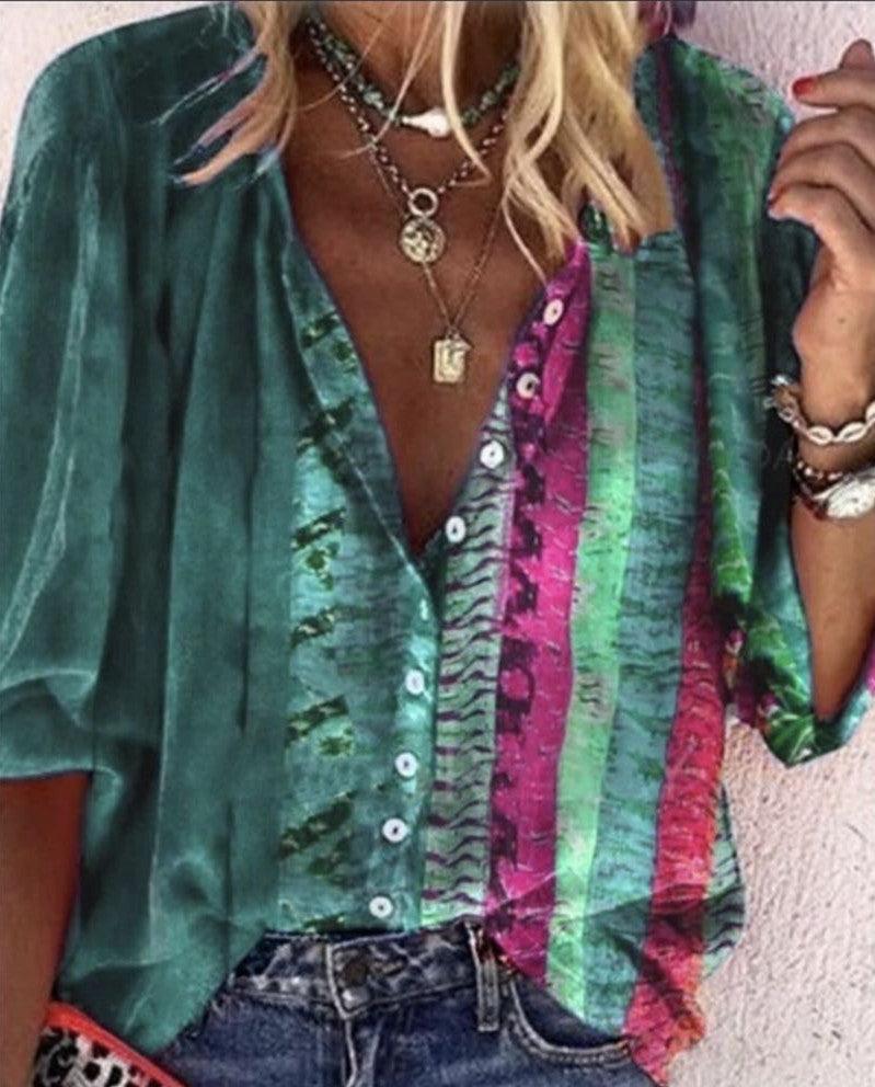 Printed Long - sleeved V - neck Buttoned Ladies Shirt - AmiraMart