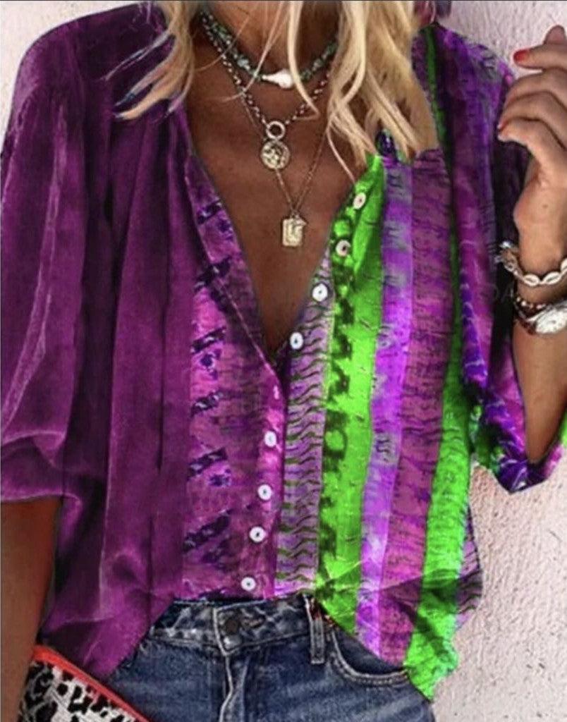 Printed Long - sleeved V - neck Buttoned Ladies Shirt - AmiraMart