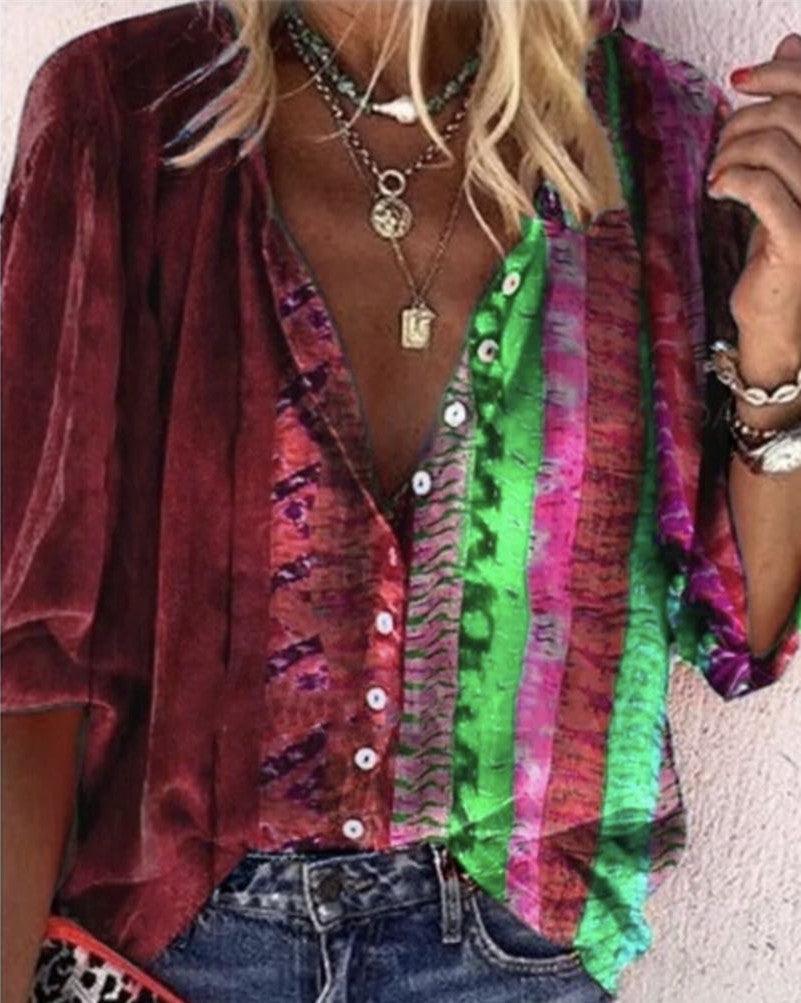Printed Long - sleeved V - neck Buttoned Ladies Shirt - AmiraMart