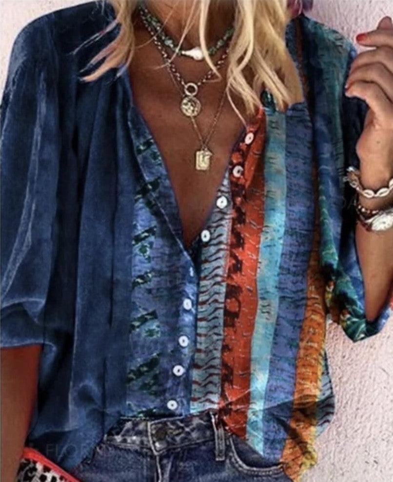 Printed Long - sleeved V - neck Buttoned Ladies Shirt - AmiraMart