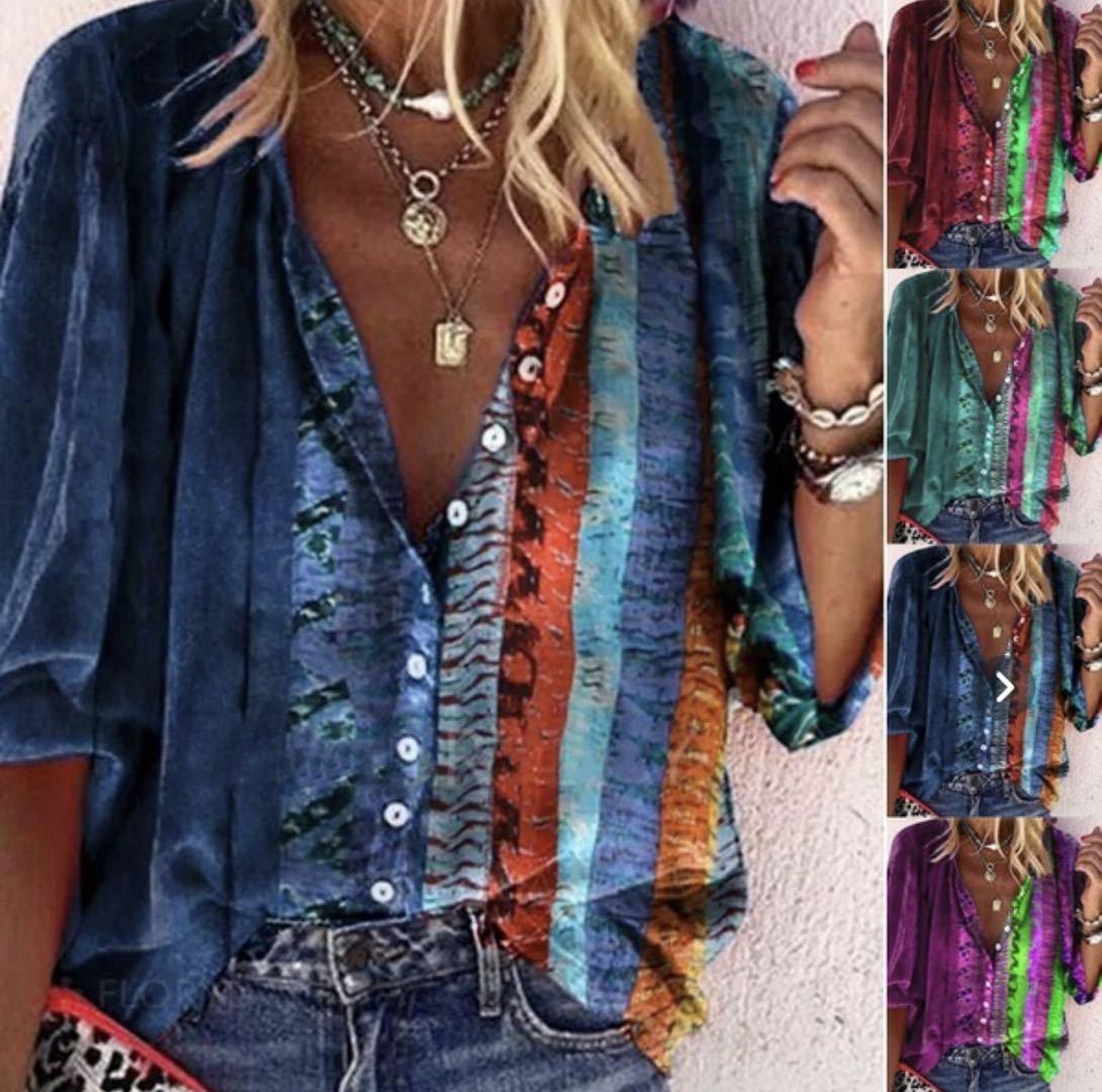 Printed Long - sleeved V - neck Buttoned Ladies Shirt - AmiraMart
