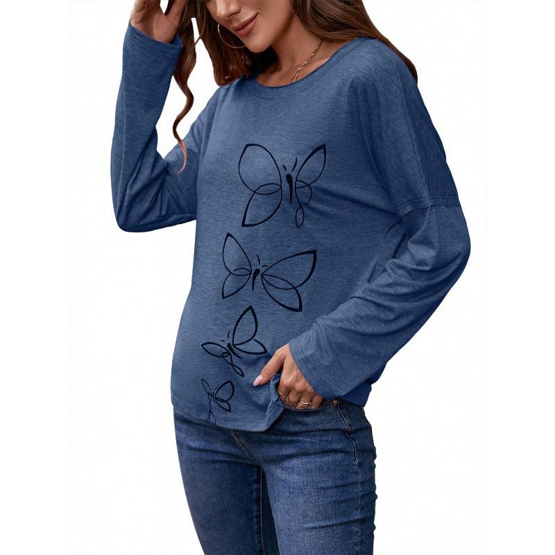 Printed Round Neck Long Sleeve Pullover - AmiraMart