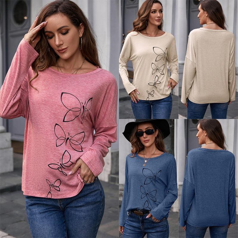 Printed Round Neck Long Sleeve Pullover - AmiraMart