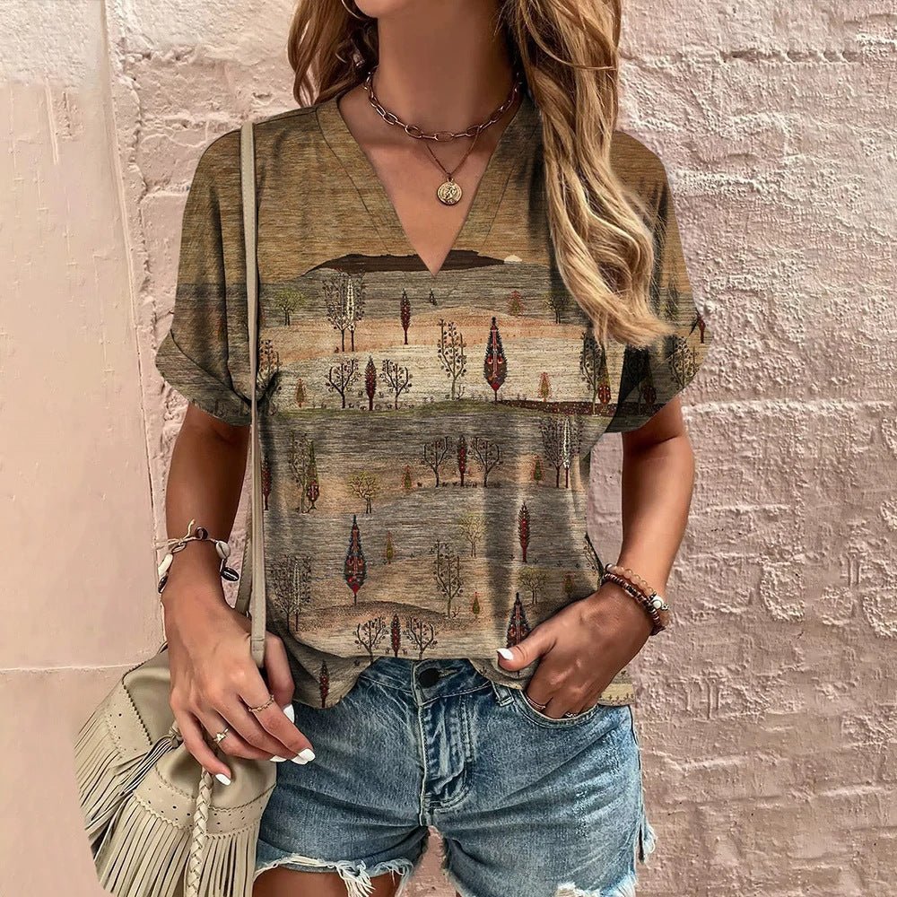 Printed T-shirt Ethnic V - neck Summer Short Sleeve - AmiraMart