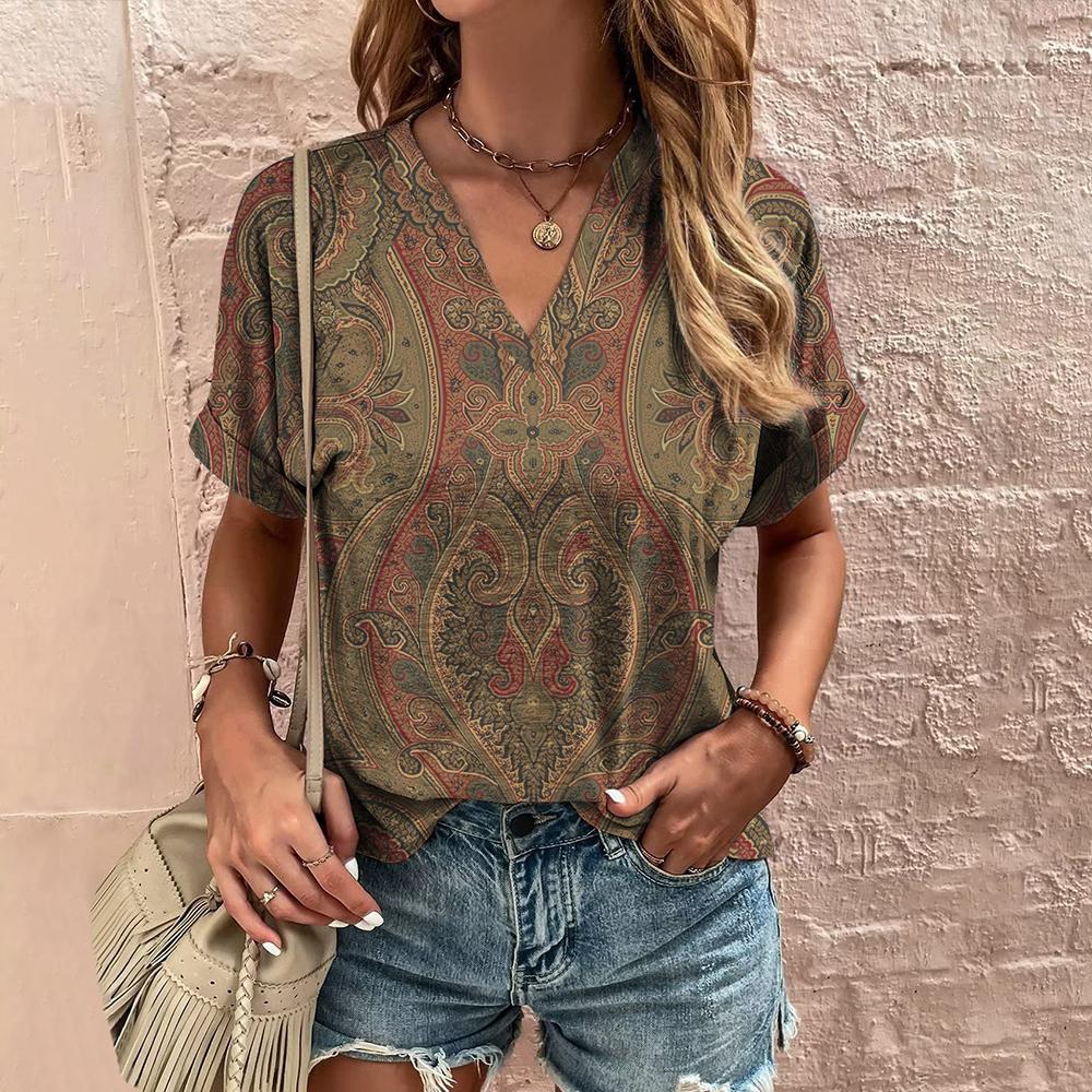 Printed T-shirt Ethnic V - neck Summer Short Sleeve - AmiraMart