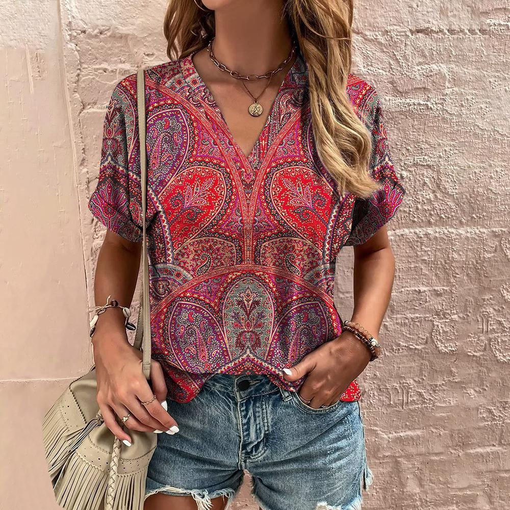 Printed T-shirt Ethnic V - neck Summer Short Sleeve - AmiraMart
