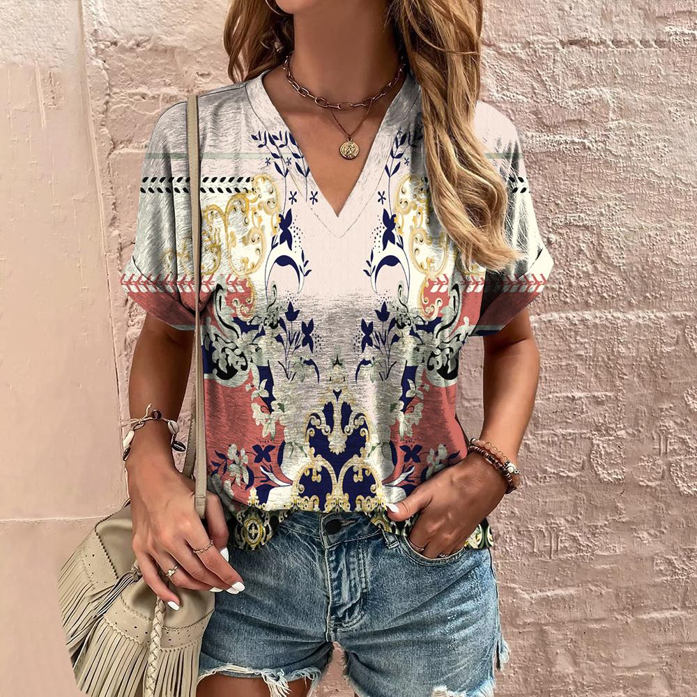 Printed T-shirt Ethnic V - neck Summer Short Sleeve - AmiraMart