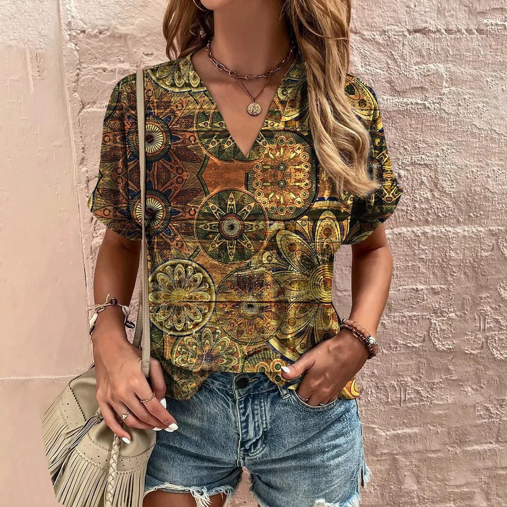 Printed T-shirt Ethnic V - neck Summer Short Sleeve - AmiraMart