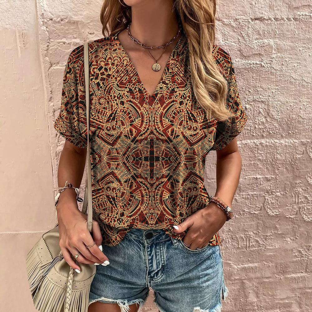 Printed T-shirt Ethnic V - neck Summer Short Sleeve - AmiraMart