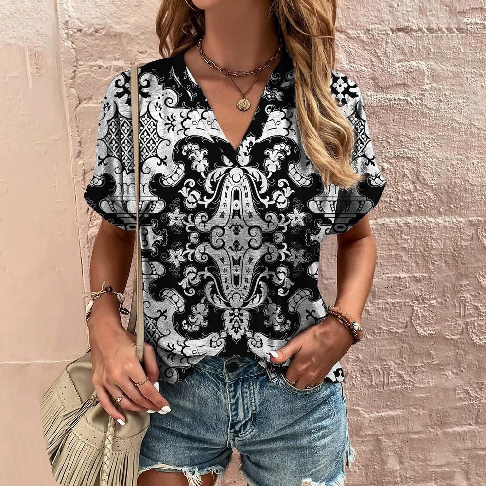 Printed T-shirt Ethnic V - neck Summer Short Sleeve - AmiraMart