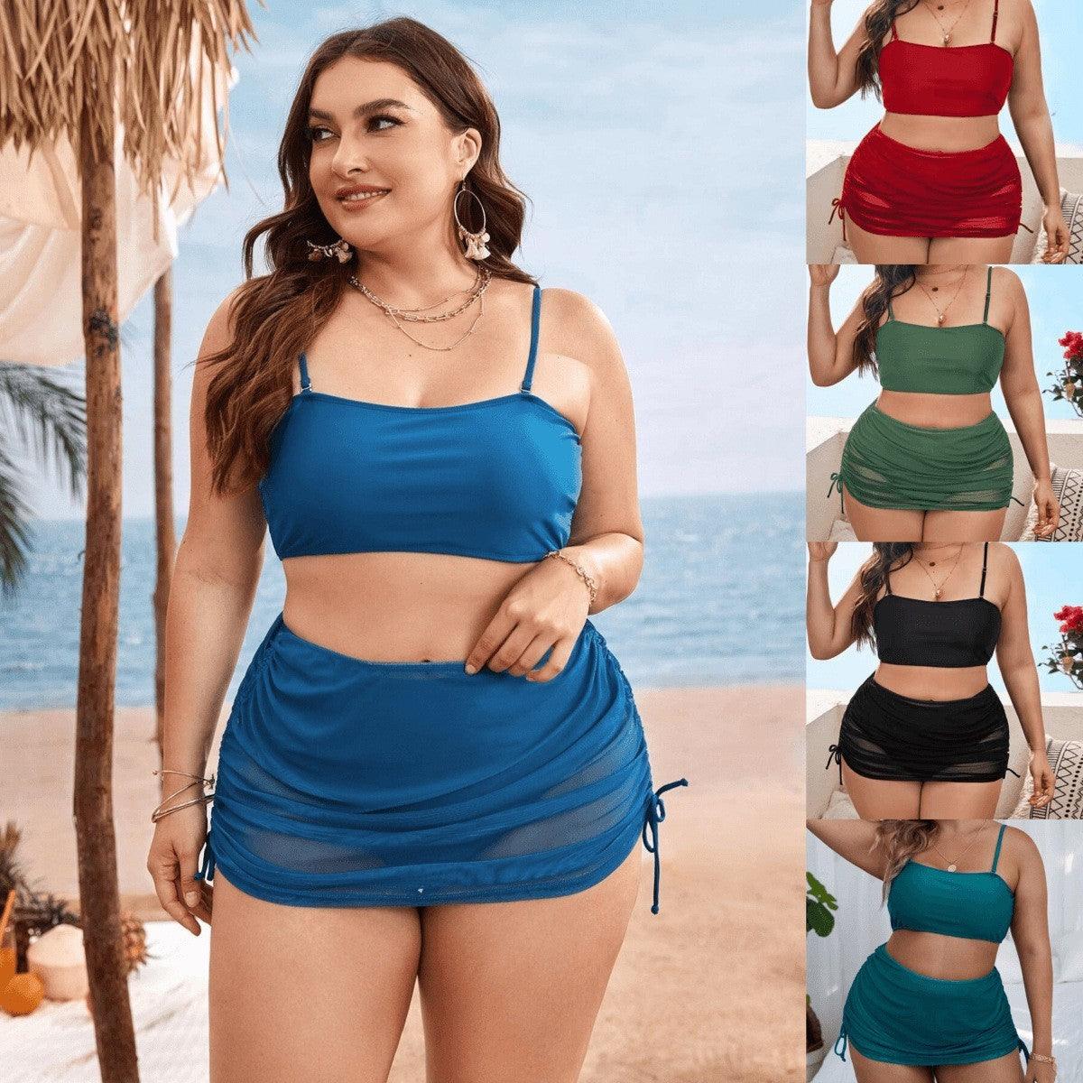 Pure Color Mesh Bikini Three - piece Set For Women - AmiraMart