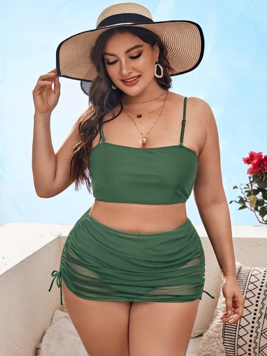 Pure Color Mesh Bikini Three - piece Set For Women - AmiraMart