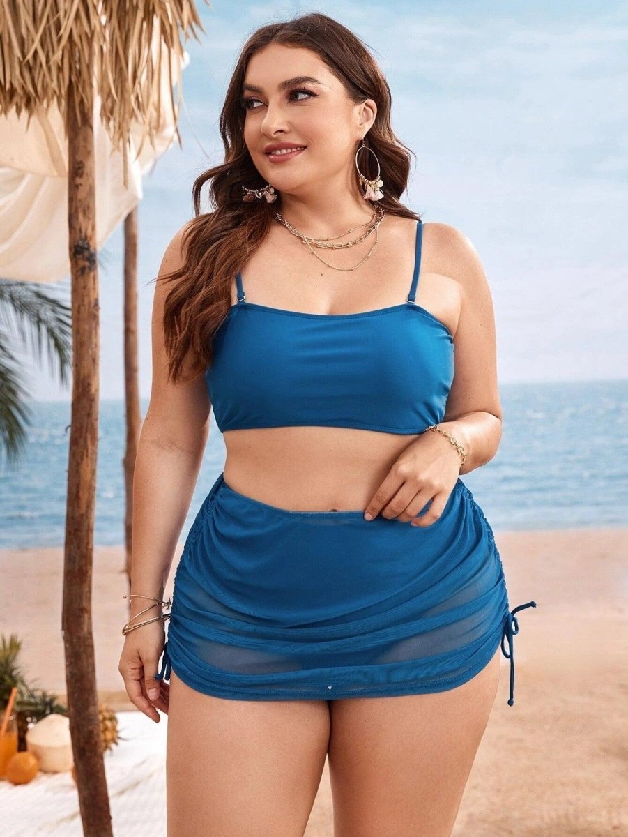 Pure Color Mesh Bikini Three - piece Set For Women - AmiraMart