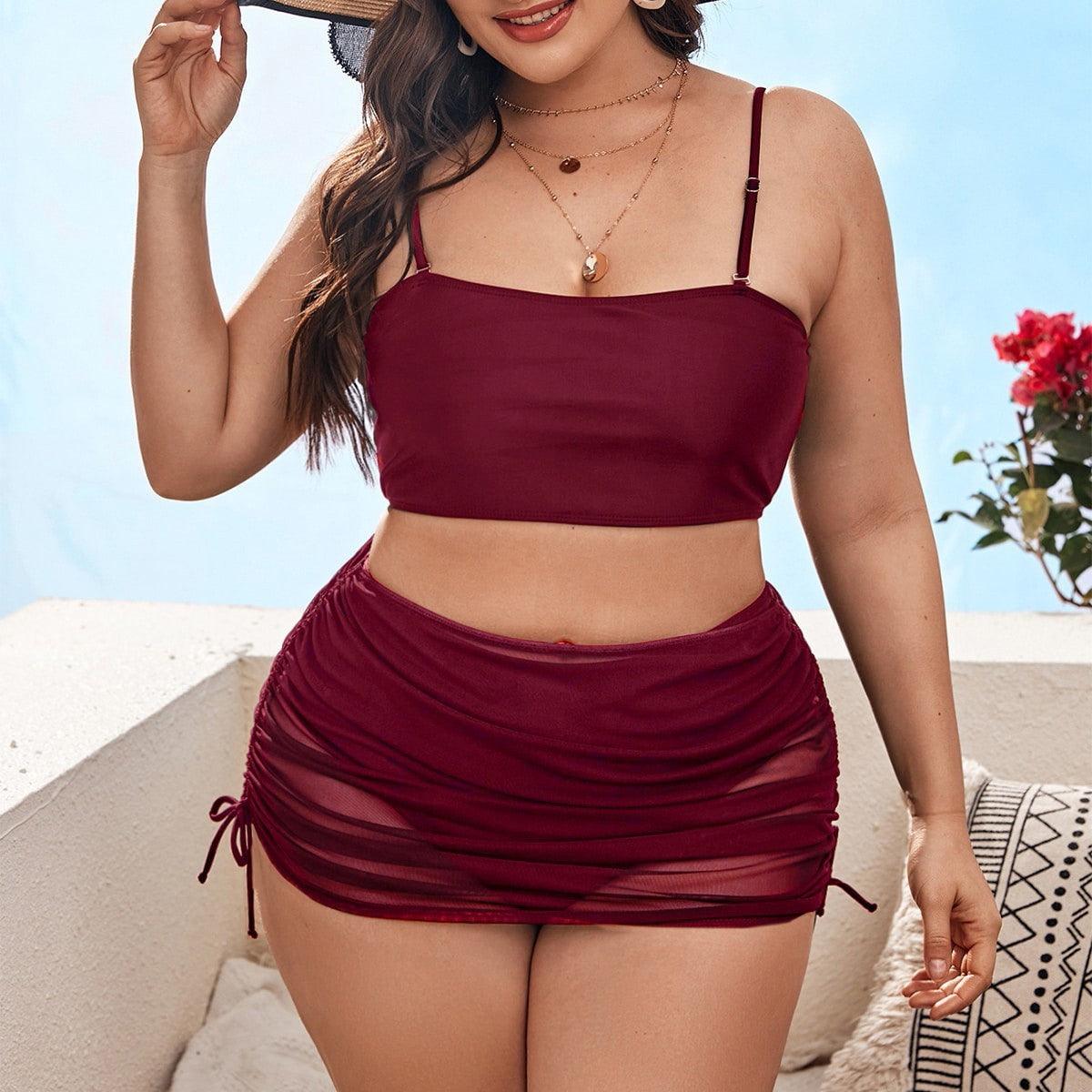 Pure Color Mesh Bikini Three - piece Set For Women - AmiraMart