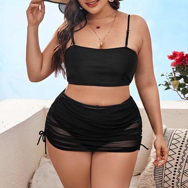 Pure Color Mesh Bikini Three - piece Set For Women - AmiraMart