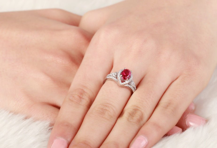 Red corundum artificial diamond ring - AmiraMart