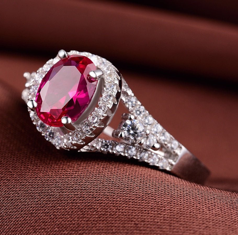Red corundum artificial diamond ring - AmiraMart