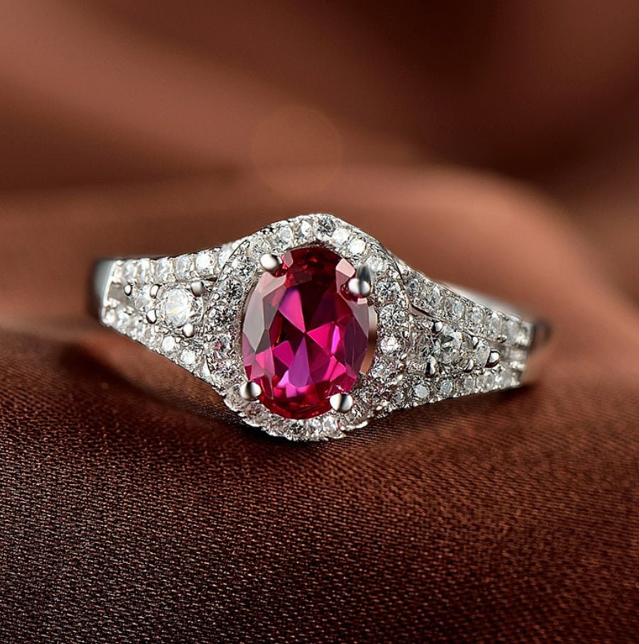 Red corundum artificial diamond ring - AmiraMart