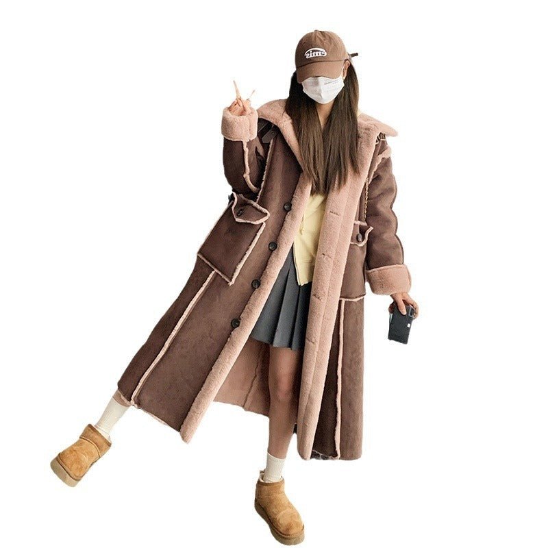 Retro Coffee Color Loose Lapels Single - breasted Stitching Fur Integrated Large Coat - AmiraMart