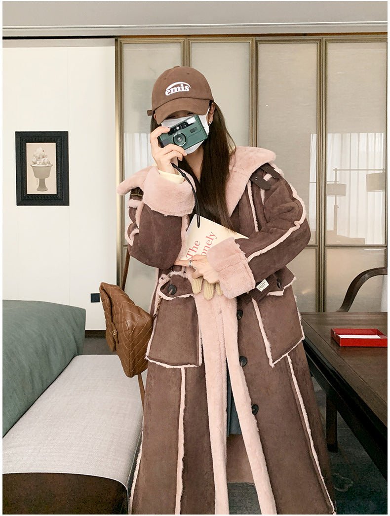 Retro Coffee Color Loose Lapels Single - breasted Stitching Fur Integrated Large Coat - AmiraMart