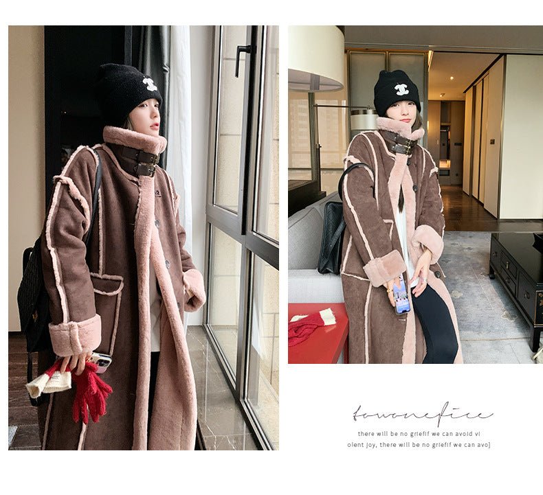 Retro Coffee Color Loose Lapels Single - breasted Stitching Fur Integrated Large Coat - AmiraMart