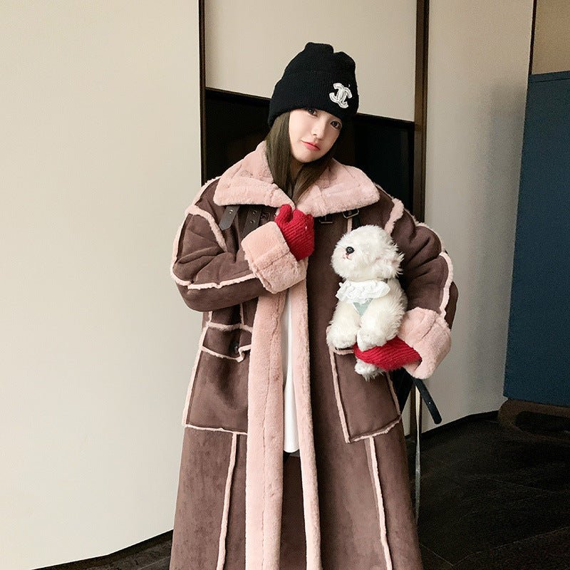 Retro Coffee Color Loose Lapels Single - breasted Stitching Fur Integrated Large Coat - AmiraMart