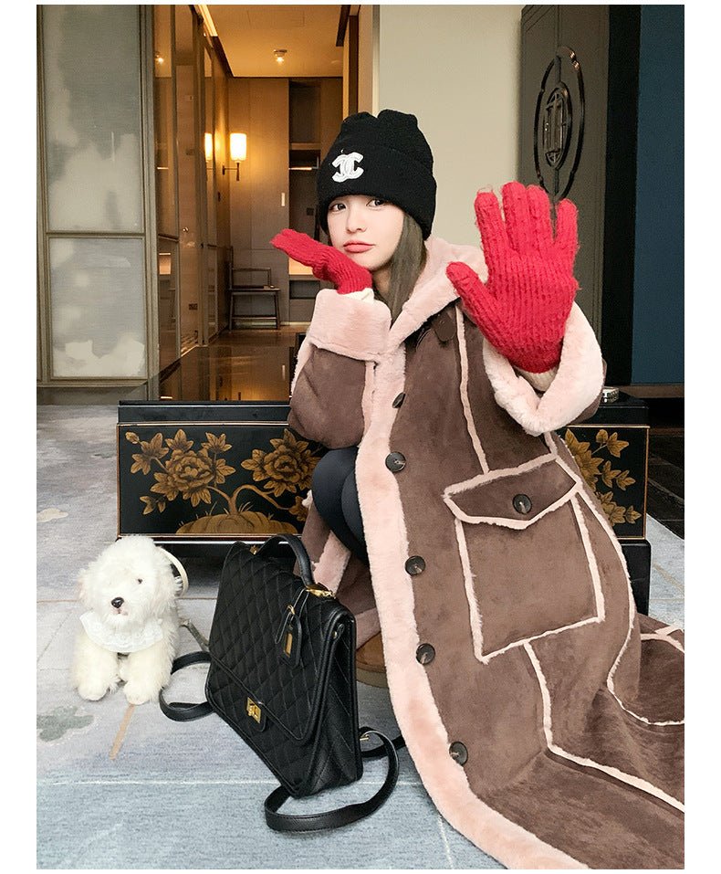 Retro Coffee Color Loose Lapels Single - breasted Stitching Fur Integrated Large Coat - AmiraMart