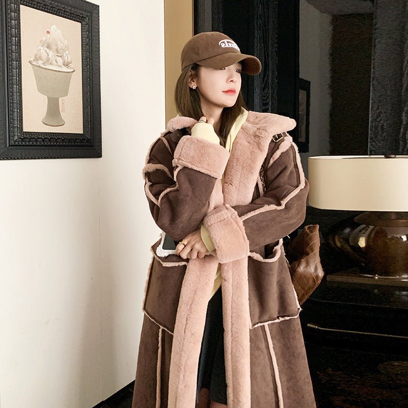 Retro Coffee Color Loose Lapels Single - breasted Stitching Fur Integrated Large Coat - AmiraMart