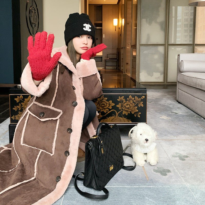Retro Coffee Color Loose Lapels Single - breasted Stitching Fur Integrated Large Coat - AmiraMart
