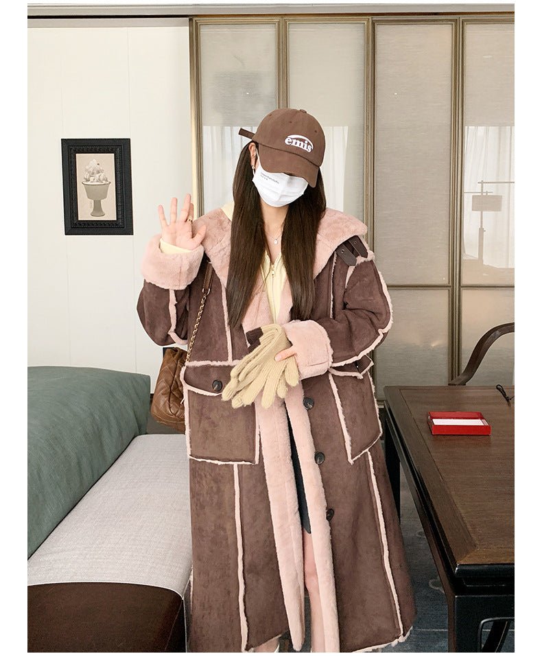 Retro Coffee Color Loose Lapels Single - breasted Stitching Fur Integrated Large Coat - AmiraMart