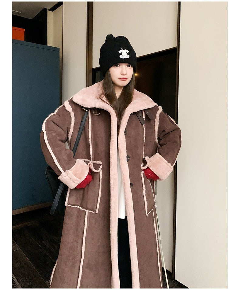 Retro Coffee Color Loose Lapels Single - breasted Stitching Fur Integrated Large Coat - AmiraMart