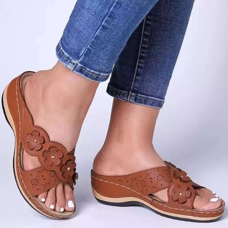 Retro Flower Sandals – Low Slope Heel & Cross Strap - AmiraMart